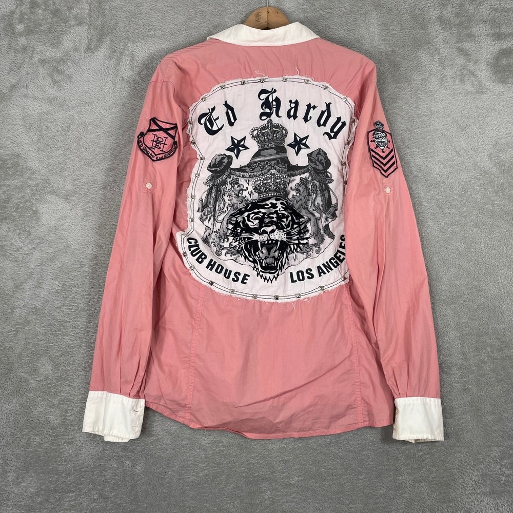 Ed Hardy Button Up Shirt Mens Large Pink Tiger Los Angeles Cyber Y2K Vintage